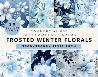 Watercolor Winter Floral Seamless Paper: Dusty Blue Scrapbook Designs (Digital Download)