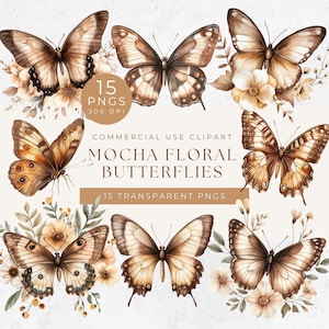 Boho Wildflower Butterfly Clipart, Desenhos florais em aquarela para artesanato, Decoração de primavera, Borda floral, Jardim de borboletas, Mocha Mousse PNGS
