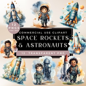 Aquarel ruimte clipart bundel astronaut raket PNG, raket clipart, astronaut ruimteschip, kinderkamer kunst aan de muur, ruimte PNG, commercieel gebruik