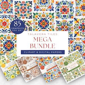 Clipart piastrelle Talavera messicane, download piastrelle Talavera messicane, disegni mosaico, carte digitali senza soluzione di continuità piastrelle acquerello, piastrelle in terracotta