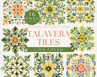 May include: 16 digital illustrations of Talavera tiles in a lime and cream color scheme. The tiles feature floral patterns with yellow, green, and orange accents. The text "Talavera Tiles Lime Cream" is displayed below the tiles.