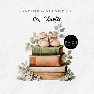 May include: Watercolor illustration featuring a stack of vintage books with a pair of baby shoes on top. The books are in shades of green and brown, adorned with floral accents and the words "New Chapter".