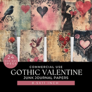 Gothic Valentine Digital Junk Journal Papers, Vintage Collage Art, Dark Romantic Gothic Valentine Background, Scrapbook Grunge Heart Papers