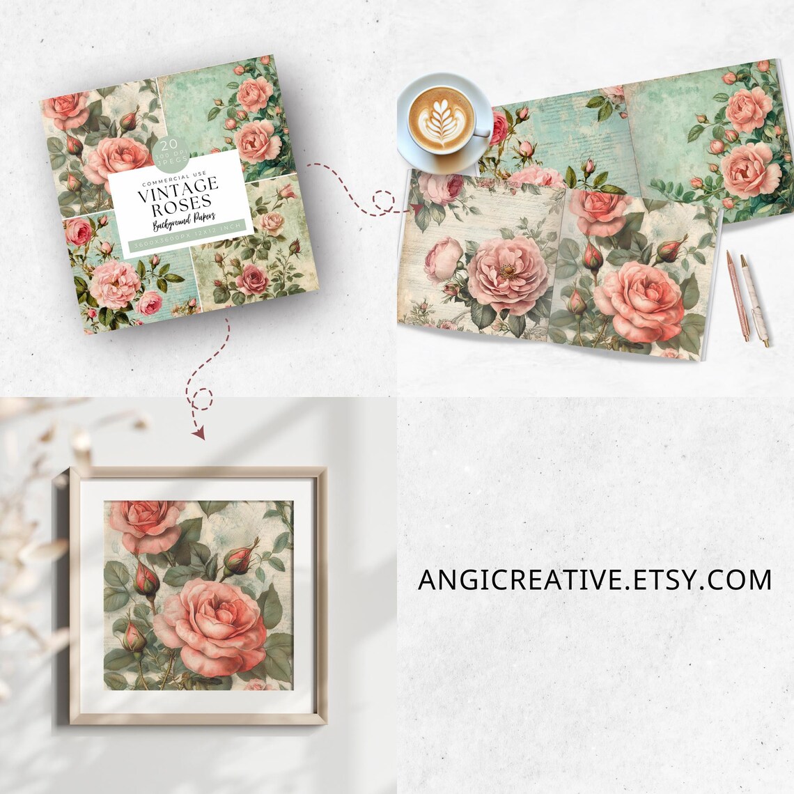 Vintage Cabbage Rose Digital Paper: Floral Junk Journal (digital ...