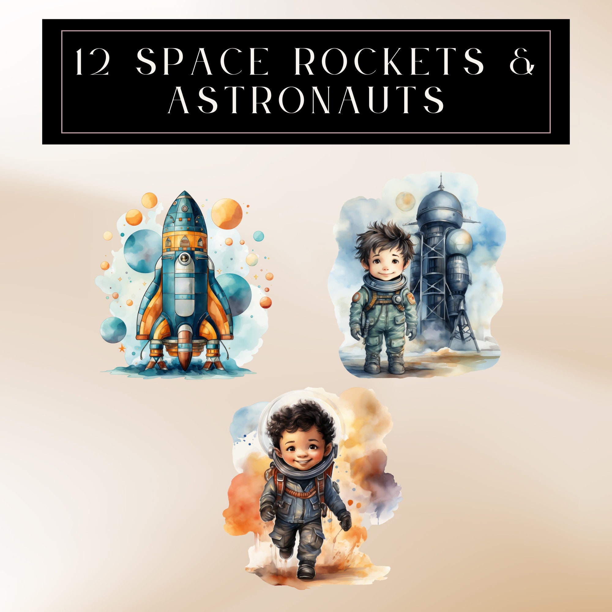 Watercolor Space Clipart Bundle: Rocket & Astronaut PNG (digital ...