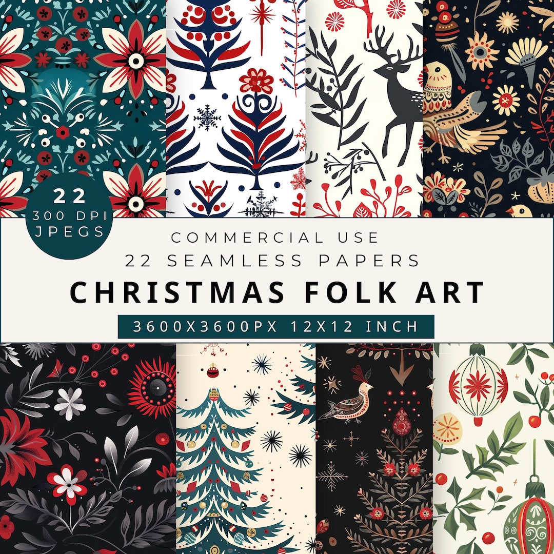 Folk Art Christmas Seamless, Scandinavian Folk Art Seamless Pattern, Folk Art Seamless Pattern, Folk Art, Commercial Use, Digital Paper Pack - Etsy