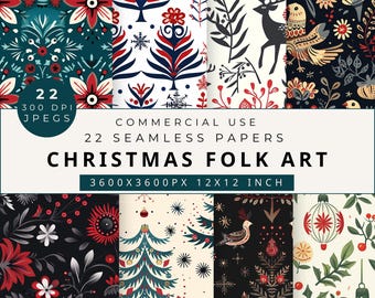 Christmas Folk Art Seamless Patterns: Scandinavian Digital Paper (Digital Download)
