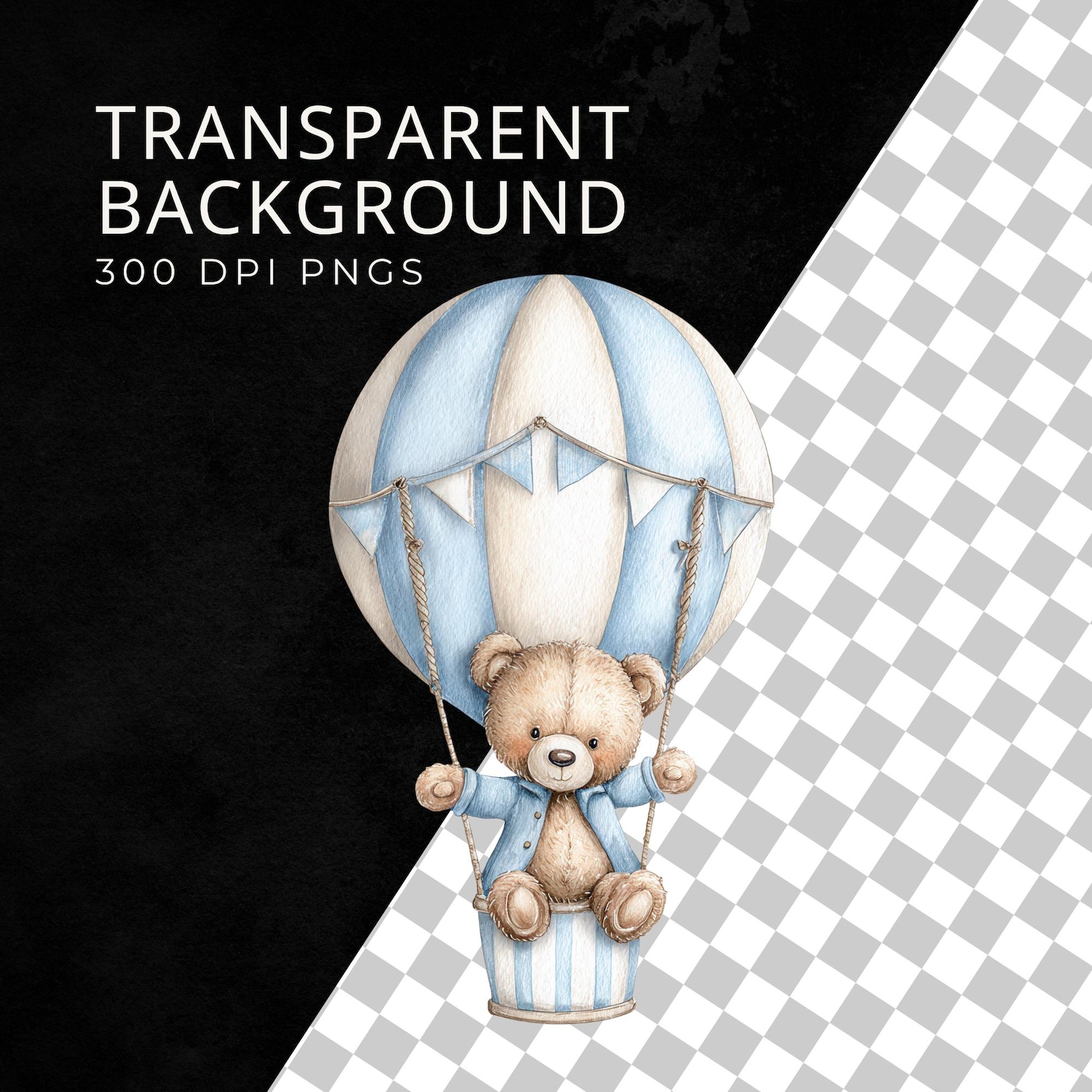 Baby Bear Hot Air Balloon Clipart, Watercolor Teddy Bear PNG, Cute ...