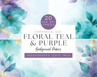 Teal & Purple Floral Digital Paper Set: Watercolor Backgrounds (12x12 inch, 300 DPI) (Digital Download
