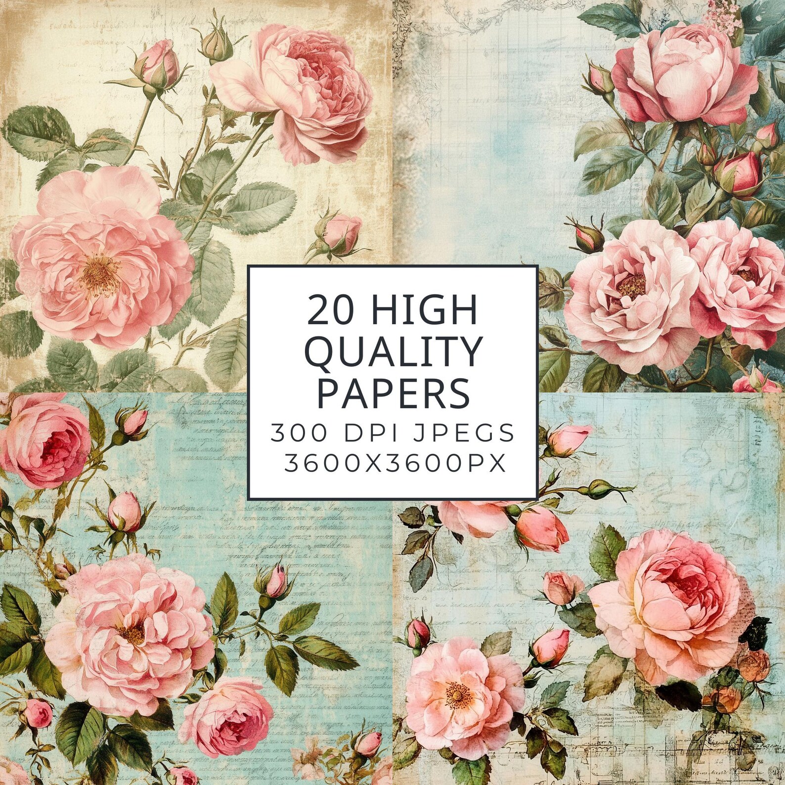 Vintage Cabbage Rose Digital Paper: Floral Junk Journal (digital ...