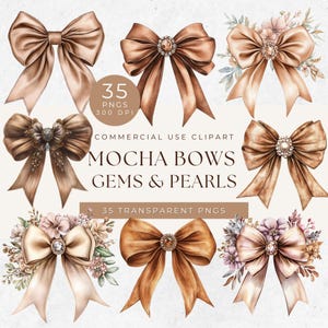 Mocha Mousse Color, Watercolor Coquette Bows PNG Clipart, Pearls And Bows, Floral Bows, Gemstone Bows, Chocolate Brown Bows, Cute Bow PNG