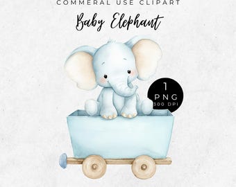 Baby Elephant Cutout Digital Download, Baby Elephant Train Clipart, Cute Safari Animals, Watercolor PNG, Digital Download for Kids Parties
