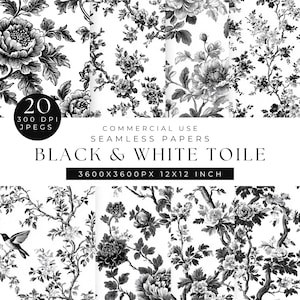 Papier numérique toile de Jouy noire, motifs floraux vintage, arrière-plans de chinoiseries sans couture, papier de scrapbooking, téléchargement immédiat pour travaux manuels