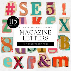 May include: A collection of assorted magazine-style letters, numbers, and symbols in various colors and fonts, presented as individual cut-out graphics. The central text reads 115 GRAPHICS COMMERCIAL USE CLIPART MAGAZINE LETTERS 115 TRANSPARENT PNGS.