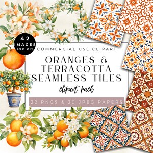 Puede incluir: Un paquete de clipart digital con 42 imágenes de naranjas, flores de azahar y azulejos de terracota. El paquete incluye 22 archivos PNG y 20 archivos JPEG. Las imágenes son perfectas para crear diseños digitales, scrapbooking y otros proyectos de manualidades.