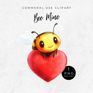 Bee Valentine PNG, Bee Mine Valentine, Cute Baby Bee Clipart, Watercolor Valentine Bees, Cute Bumblebees, Red Heart, Love Clipart, Be Mine