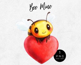Bee Valentine PNG: Watercolor Bumblebee, Red Heart Clipart (Digital Download)