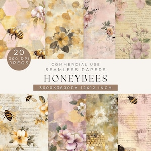 Puede incluir: Un conjunto de 20 patrones de papel digital sin costuras con abejas, flores y diseños de panal. Los papeles son de 3600x3600 píxeles y 30,48x30,48 cm.