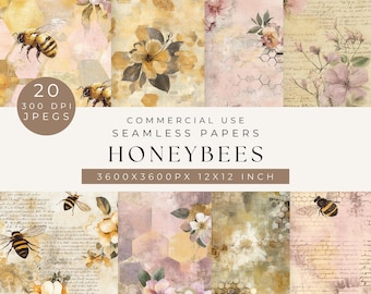 Papel digital floral de abejas: patrones de abejas sin costuras para álbumes de recortes (descarga digital)
