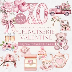 Chinoiserie Valentijnsdag clipart, Grandmillennial Valentine clipart, vintage bloemen chinoiserie, preppy roze bloemen, aquarel Valentine, png PNGEgg