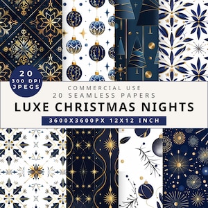 Gold & Blue Christmas Digital Paper: Glitter Snowflake Patterns (Digital Download)