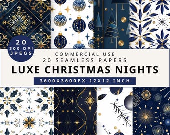 Gold & Blue Christmas Digital Paper: Glitter Snowflake Patterns (Digital Download)