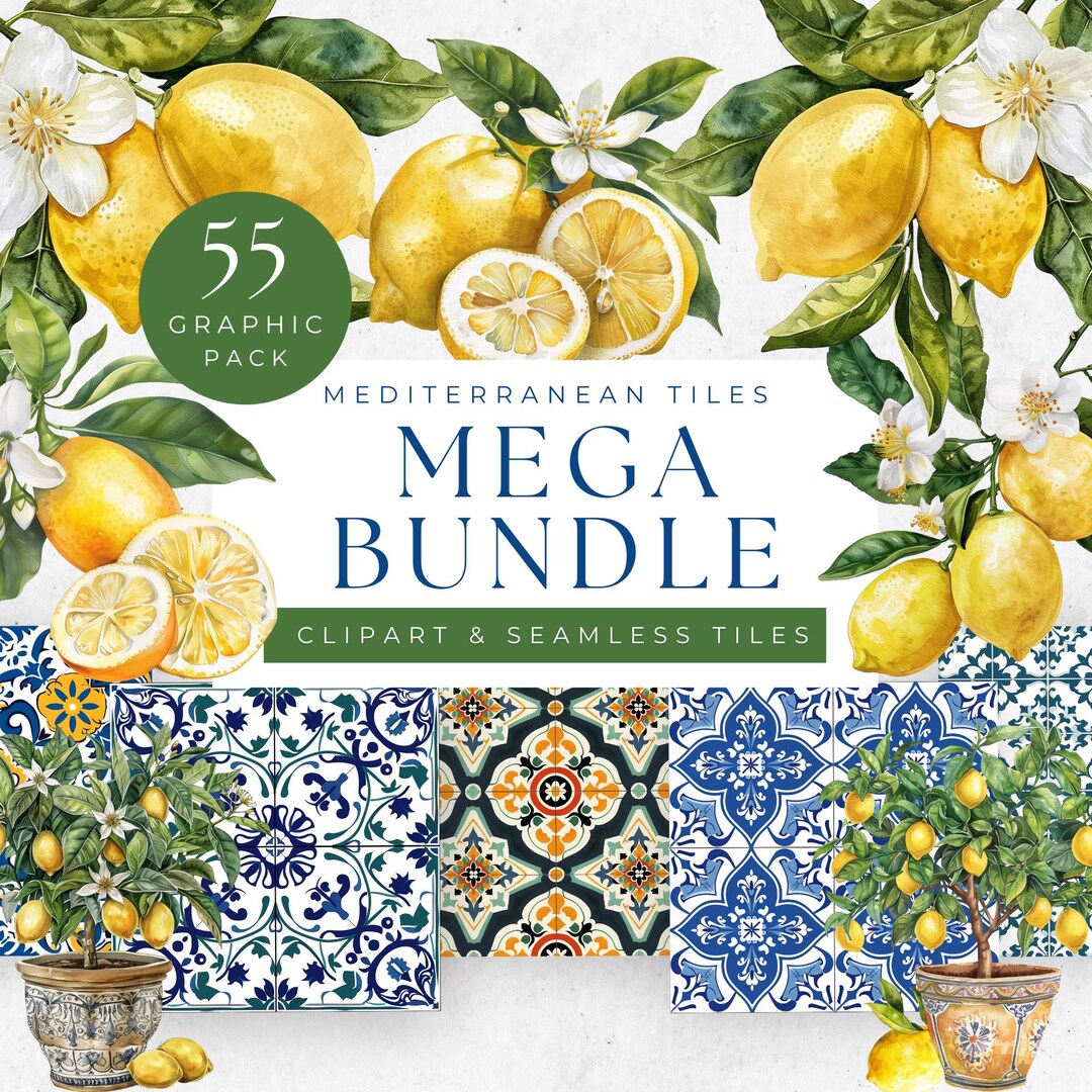 Mediterranean Tile Clipart, Clipart Portuguese Tile, Mediterranean Watercolor Clipart, Watercolor Lemons Clipart, Clue Tiles, Summer Clipart - Etsy Australia