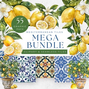Clipart carrelage méditerranéen, Clipart carrelage portugais, clipart aquarelle méditerranéen, aquarelle citrons clipart, carreaux indice, clipart été
