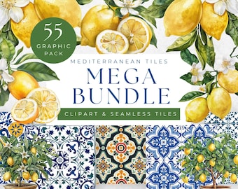 Clipart de azulejos mediterráneos en acuarela: Paquete de gráficos de limón (descarga digital)