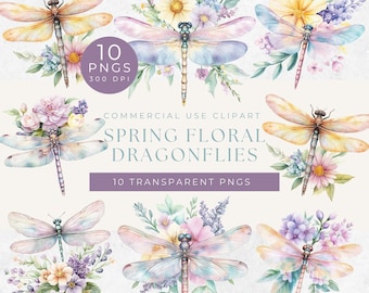 May include: Ten watercolor illustrations of dragonflies with floral bouquets. The dragonflies are in shades of blue, yellow, and pink. The flowers are in shades of pink, purple, and yellow.