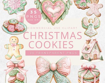Watercolor Christmas Cookies Clipart: Pink & Green PNG (Digital Download)