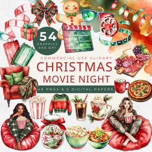 Clipart de la noche de cine de Navidad, boleto de la noche de cine de Navidad, película La noche antes de Navidad, arte acogedor para una noche de pijamas, dulces de chocolate caliente