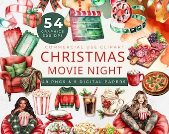 Christmas Movie Night Clipart: Cozy Pajama Art (Digital Download)