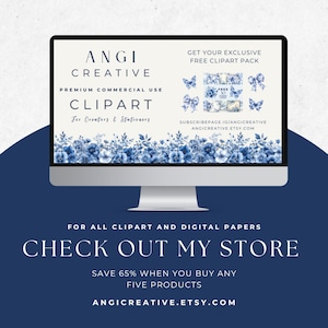 May include: A computer screen displaying a blue and white floral design with the text "ANGI CREATIVE" and "PREMIUM COMMERCIAL USE CLIPART" in white. The text "GET YOUR EXCLUSIVE FREE CLIPART PACK" is also displayed in white. The text "SUBSCRIBE PAGE.IO/ANGICREATIVE ANGICREATIVE.ETSY.COM" is displayed in black. The text "FOR ALL CLIPART AND DIGITAL PAPERS CHECK OUT MY STORE SAVE 65% WHEN YOU BUY ANY FIVE PRODUCTS ANGICREATIVE.ETSY.COM" is displayed in white.