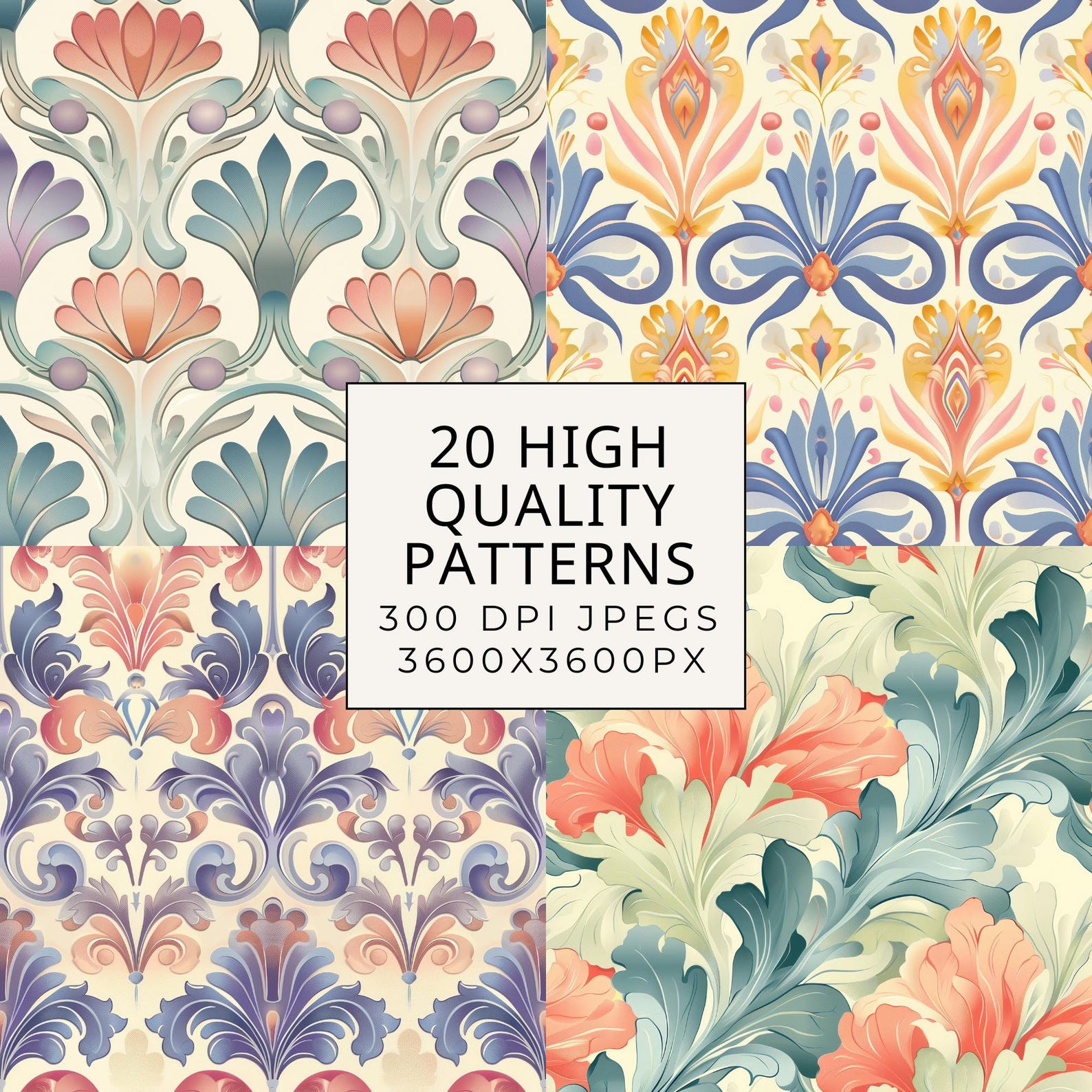 Pastel Art Nouveau Seamless Patterns: Printable Floral Wallpaper ...