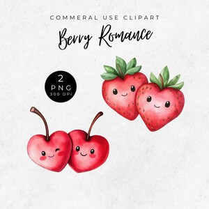 Clipart de coração de fruta de dia dos namorados, cartão de dia dos namorados de lanche de fruta, clipart de coração de morangos, gráficos de frutas fofos, coração de cereja de dia dos namorados retrô