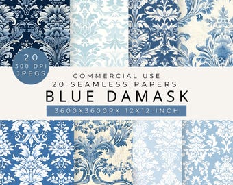Blue Damask Vintage Digital Paper: Scrapbook & Wallpaper (Digital Download)