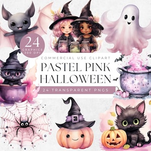 Pastel Pink Halloween Clipart, Pink Halloween Ghost Clipart, Pink Orange Halloween Clipart, Cute Witch Ghost Pumpkin Bat PNG, Pink Halloween