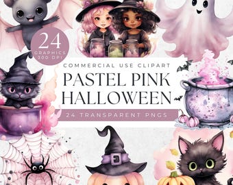 Pastel Pink Halloween Clipart, Pink Halloween Ghost Clipart, Pink Orange Halloween Clipart, Cute Witch Ghost Pumpkin Bat PNG, Pink Halloween