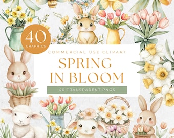 Watercolor Spring Clipart: Easter Bunnies, Floral Graphics (Digital Download)