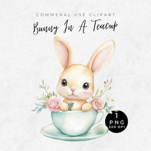 Coniglietti da tazza da tè, simpatico coniglietto acquerello, grafica pasquale, clipart coniglietto da tazza da tè vintage, adorabile clipart coniglietto da festa del tè, scrapbooking, artigianato