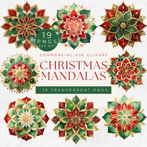 Ornements de sapin de Noël Design mandala, Clipart mandala de Noël, décoration des fêtes, fichiers PNG festifs, faire-parts d'art numérique, Scrapbooking