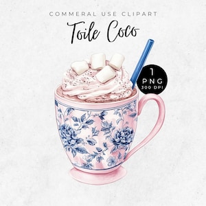 Clipart świąteczny Toile, Clipart świąteczny Grandmillennial, Pastelowy różowy Toile, Gorąca czekolada świąteczna Chinoiserie, Przytulny zimowy Coco