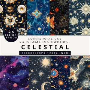 Celestial Symbols Digital Paper, Celestial Junk Journal Paper Pack, Scrapbook Papers, Seamless Patterns, Mystical Clipart, Galaxy Scrapbook