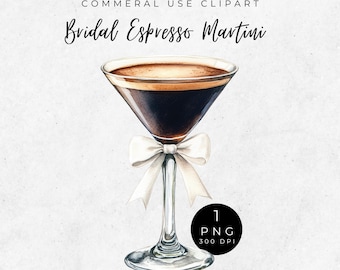 Watercolor Espresso Martini PNG: White Bow Cocktail Illustration (Digital Download)
