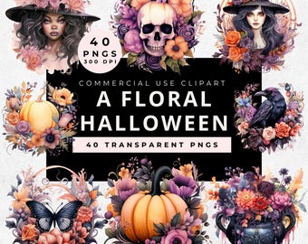Floral Halloween Clipart PNG: Watercolor Witches Cauldron (Commercial Use)
