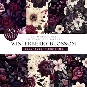 Winter Florale Musterdesigns, Moody Dark Florals Digital Papiere, Pflaume & Brombeere Musterdesign, Florale Muster, Winter Hintergrund