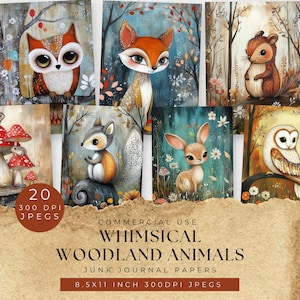 Creature del bosco stravaganti acquerello, stampe di animali carini della foresta, decorazioni per la cameretta dei bambini, diari di scarto, album di ritagli, carta magica fantasy foresta cervo