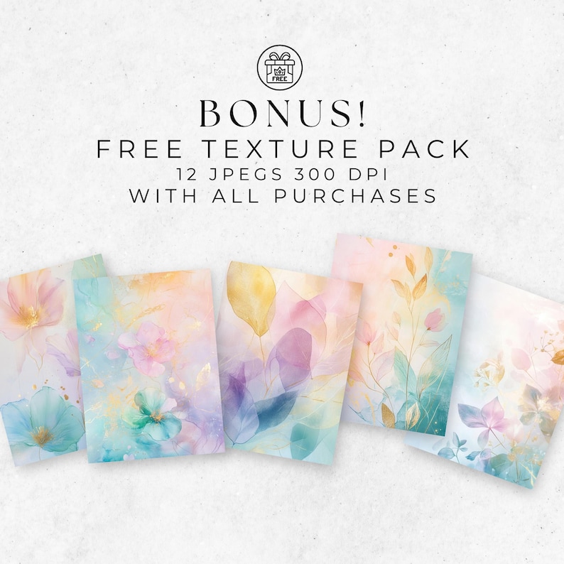 May include: A set of 12 digital watercolor textures featuring delicate floral designs in shades of pink, blue, green, and yellow with gold accents. The textures are 300 DPI and are free with all purchases.
