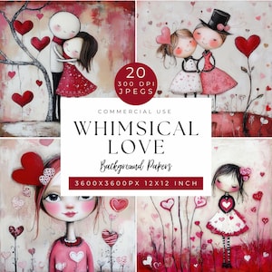 Papéis digitais caprichosos de Dia dos Namorados, fundos fofos de amor para scrapbooking, suprimentos para fazer cartões imprimíveis, Dia dos Namorados de arte popular, colagem JPEG